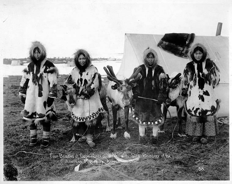 Four Eskimo women with reindeer, Cape Prince of Wales, Alaska, ca. 1904